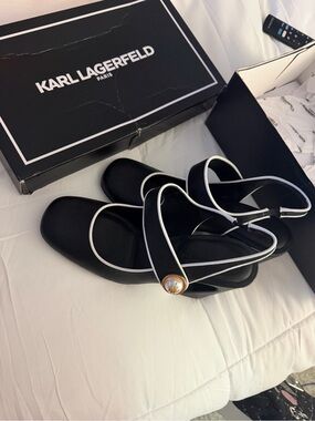 Karl Lagerfeld Black Mules with White Piping and Gold Button